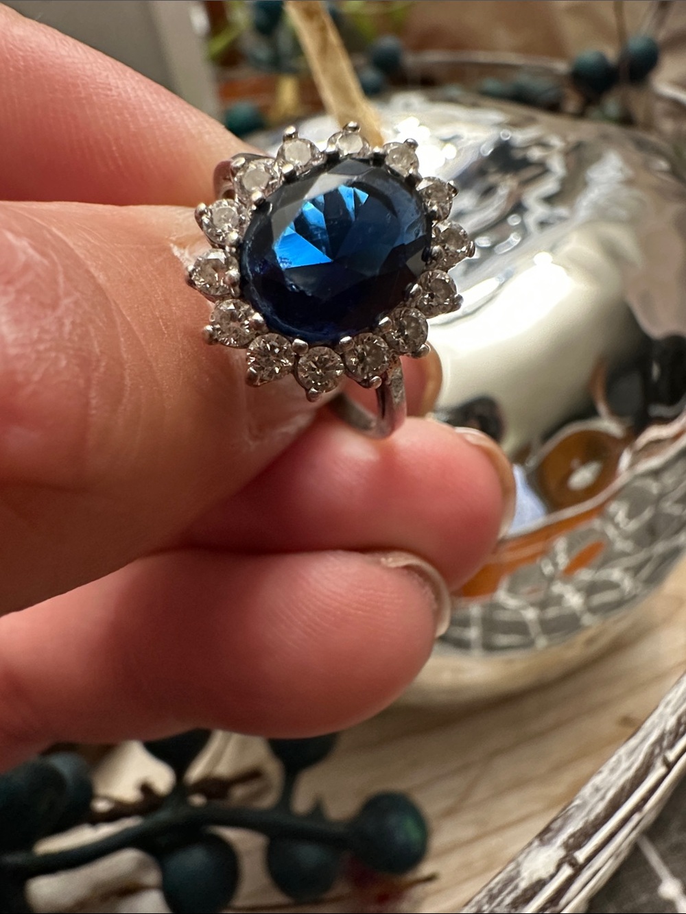 Silver(925) Stamped Princess Diana Style Blue Gemstone Cubic Zirconia Ring.